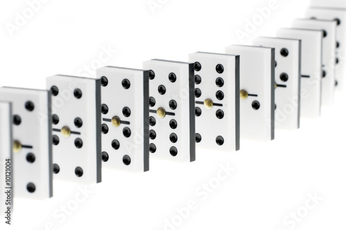 Chain of white domino stones on white background