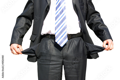 Businessman with empty pockets on white