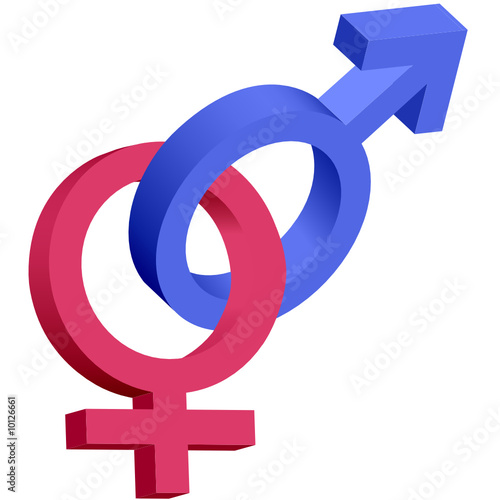 Red and blue male female 3D symbols interlocked
