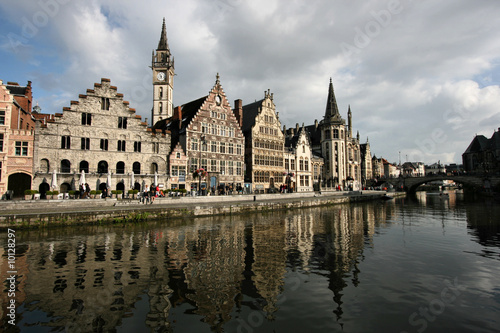 Beautiful Belgian town of Ghent and its reflection in river Leie