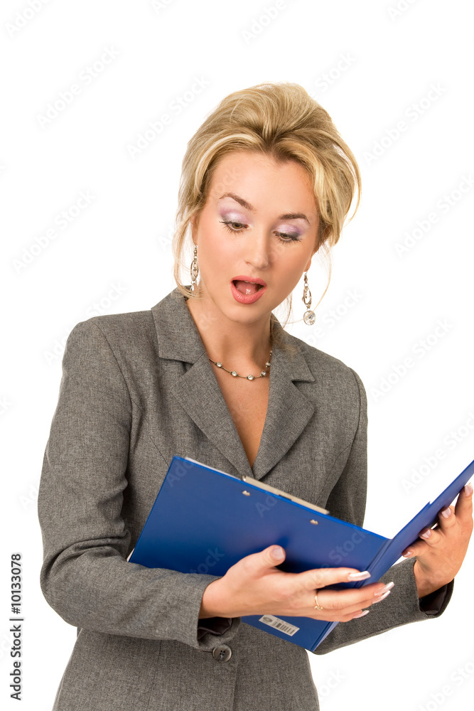 severe woman with folders on a white background severe woman with folders on a white background