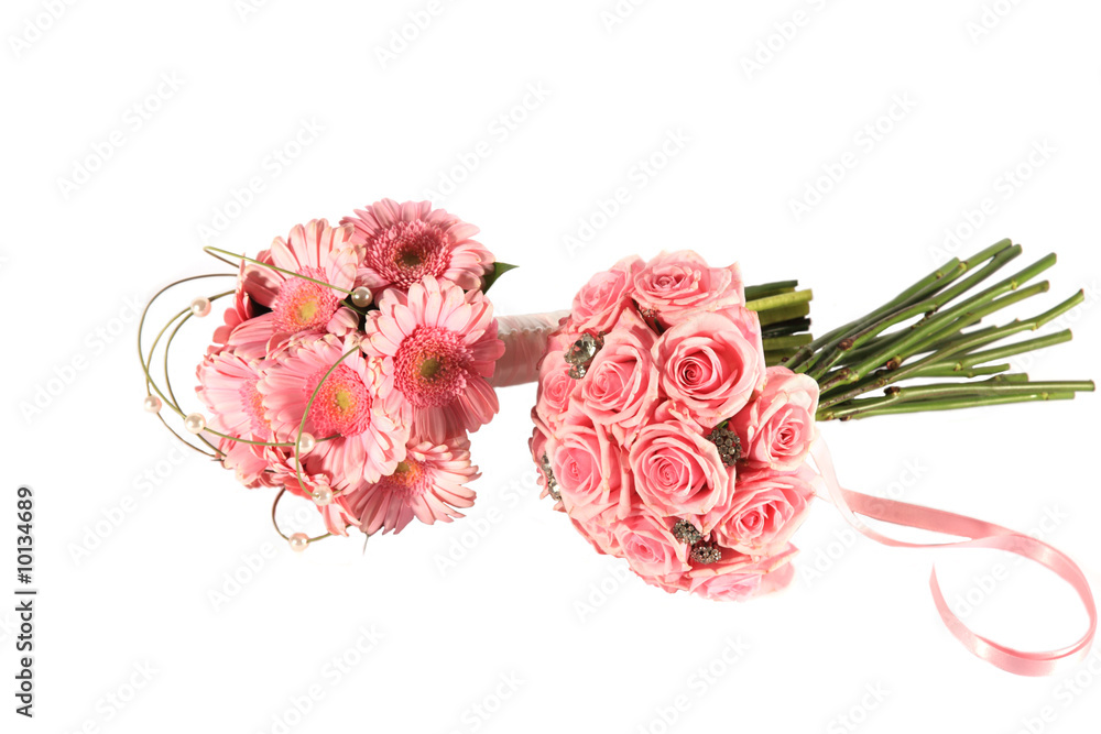 Two very pink bouquets including gerberas and roses. Two very pink bouquets including gerberas and roses.