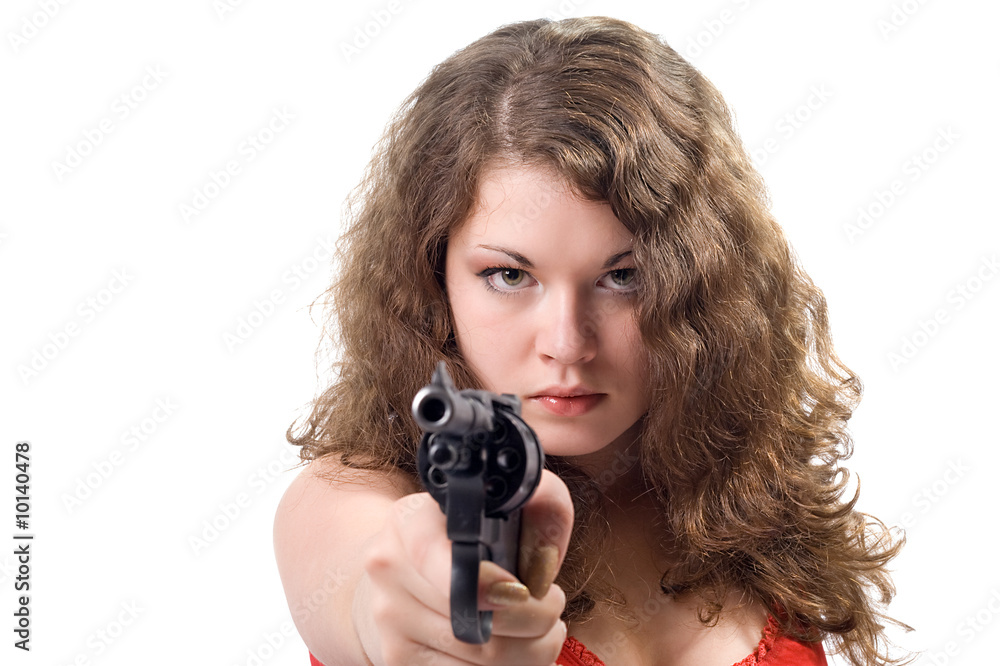 Young woman with a pistol. Isolated on white Young woman with a pistol. Isolated on white