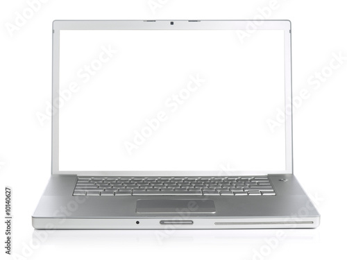 Foto Wide screen silver laptop computer over a white background.