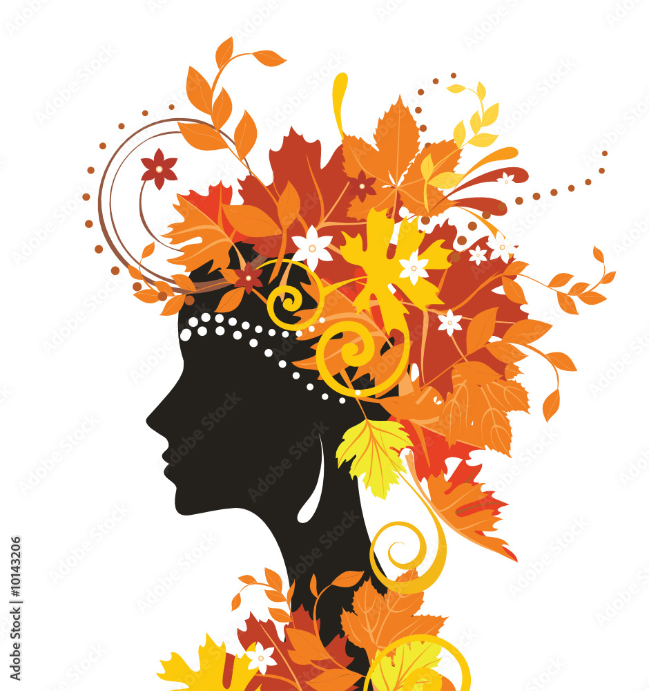 Decorative silhouette of woman with autumn leaves