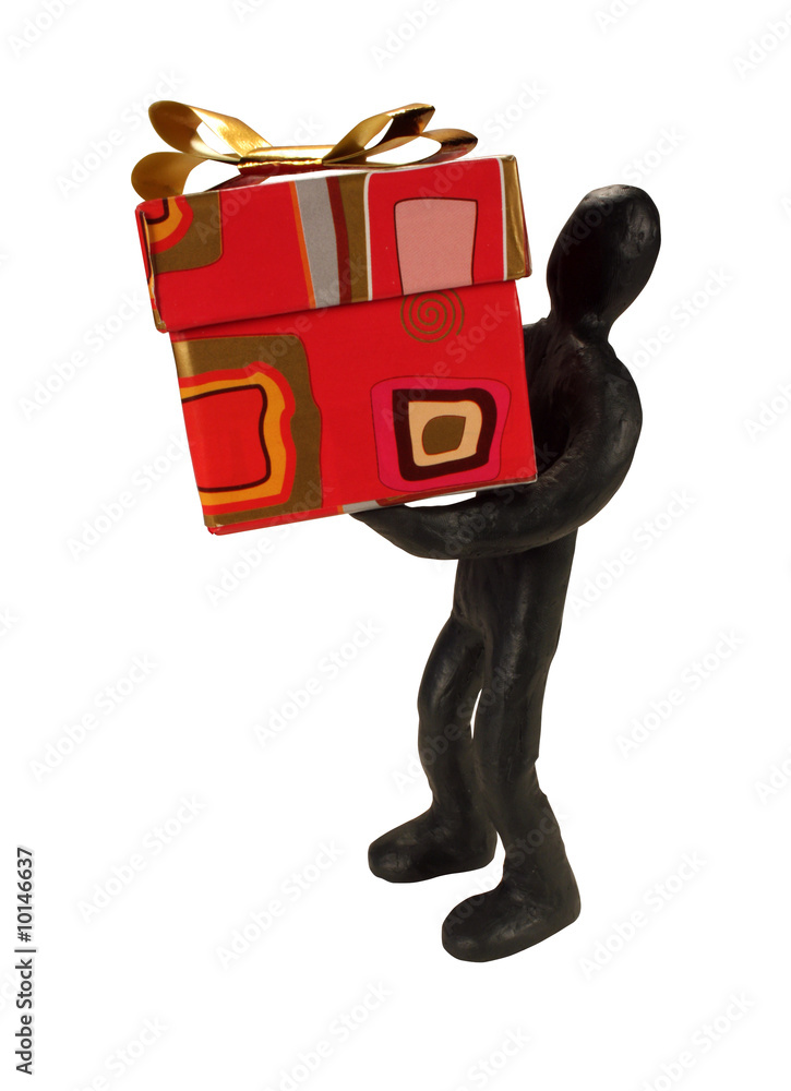 The Plasticine man and gift with golden bow, isolated