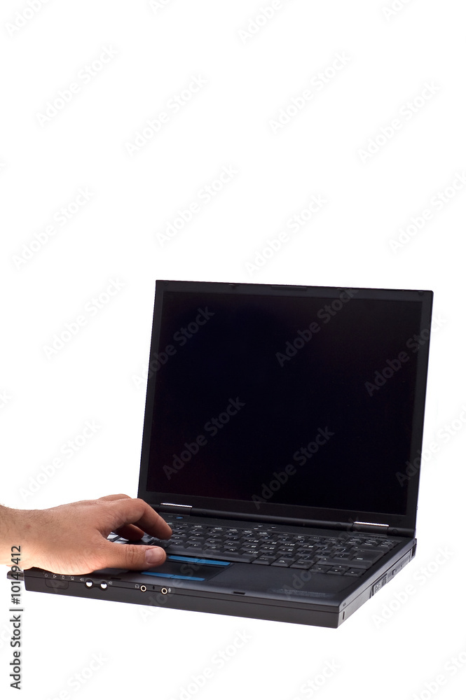 men's hand on laptop on white background men's hand on laptop on white background