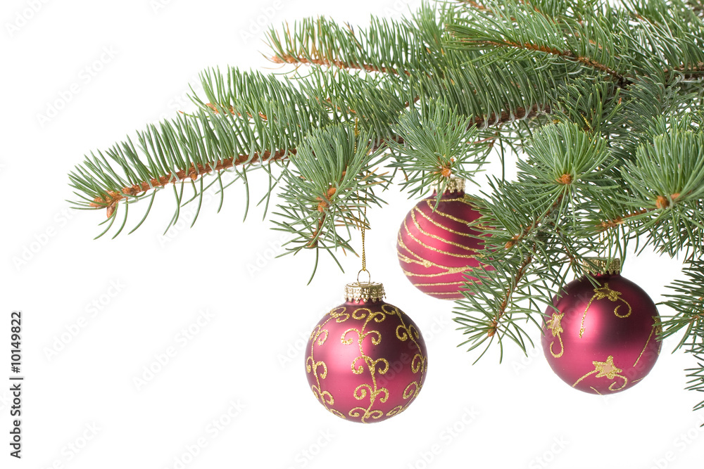 Fir tree branch with decoration on a white background. Fir tree branch with decoration on a white background.