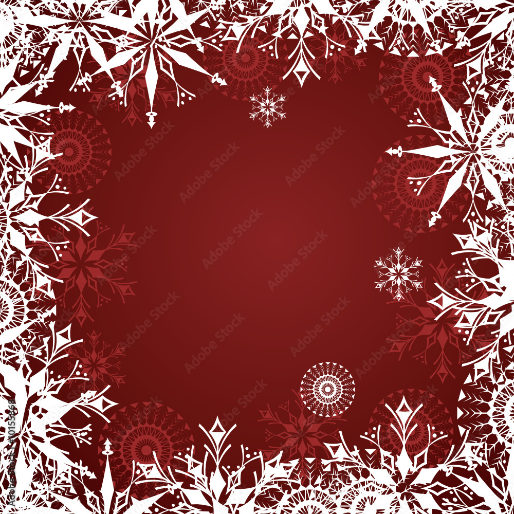 Red background with snowflake and frosty patterns Red background with snowflake and frosty patterns