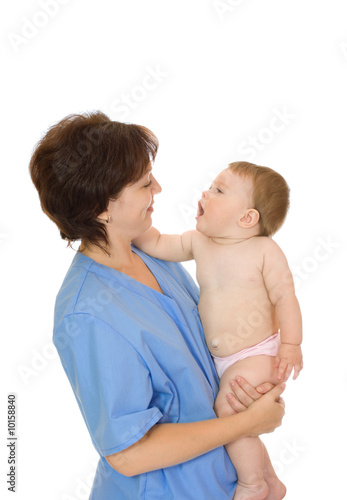 Doctor and small smiling baby isolated on white #9