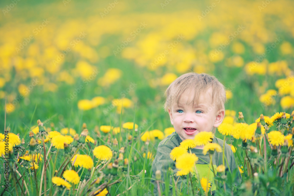 Cute small boy in green grass - he smiles and has fun Cute small boy in green grass - he smiles and has fun