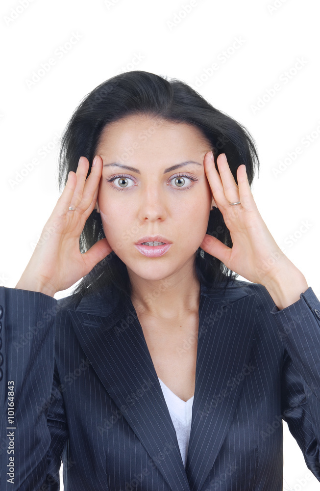Woman suffering from headachge during decision making Woman suffering from headachge during decision making