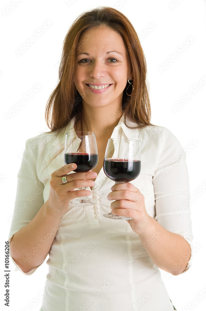 portrait of young attractive girl with two glasses of red wine portrait of young attractive girl with two glasses of red wine