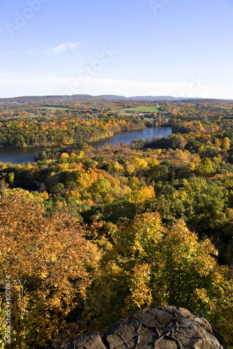 A shot of New England during early autumn at peak foliage.