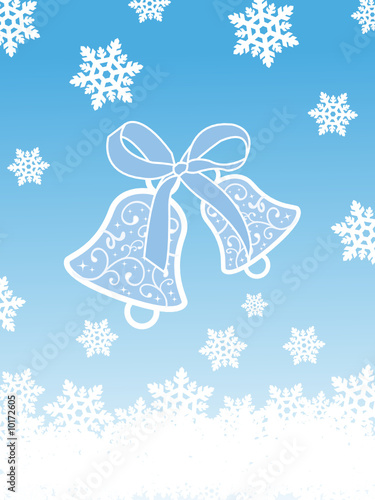 Christmas card with bells and snowflakes on blue background