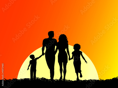 the family walk on beach