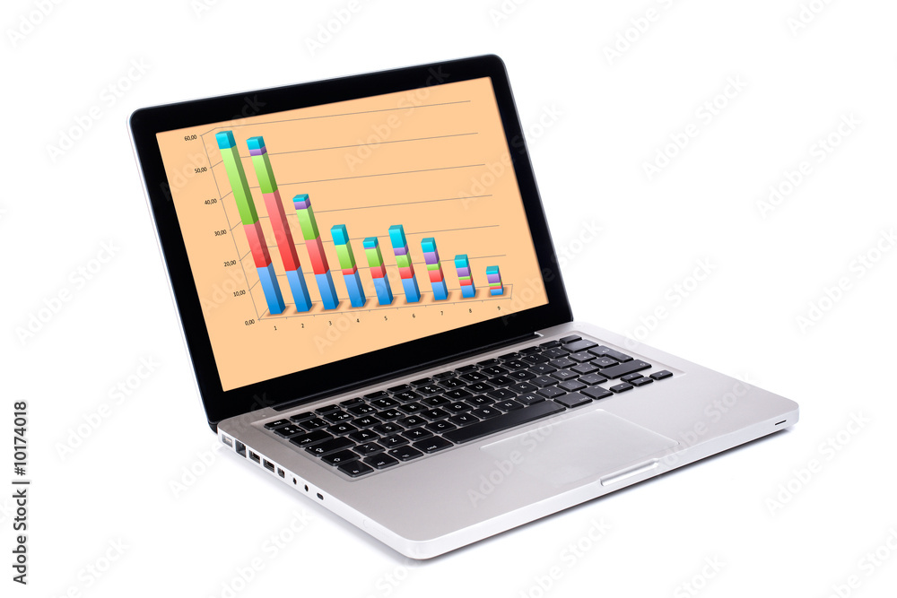 Laptop with business report, isolated on a white background Laptop with business report, isolated on a white background