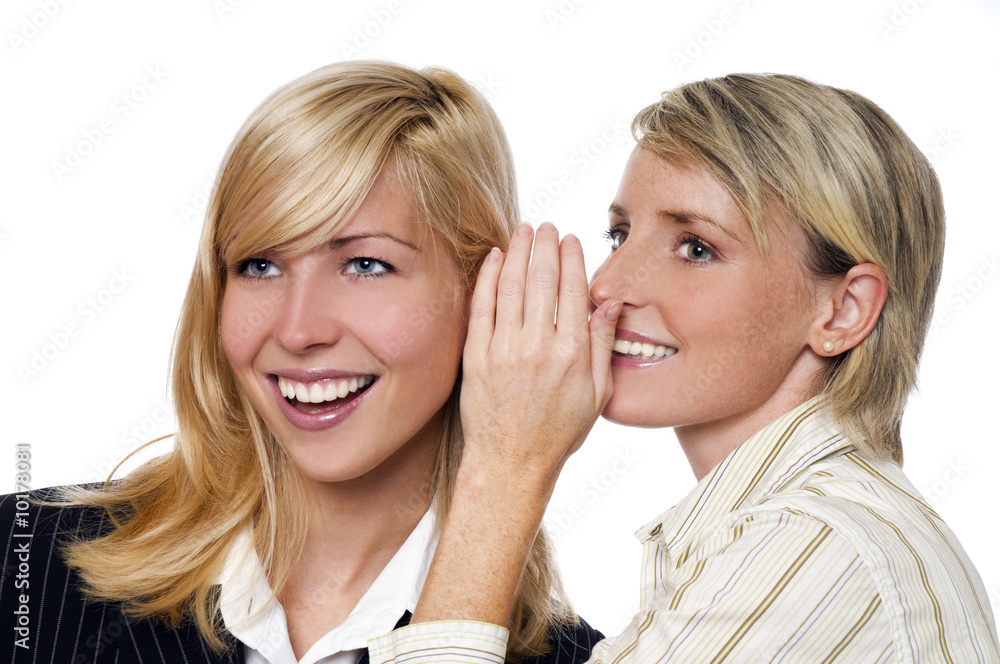 two happy young girlfriends talking over white