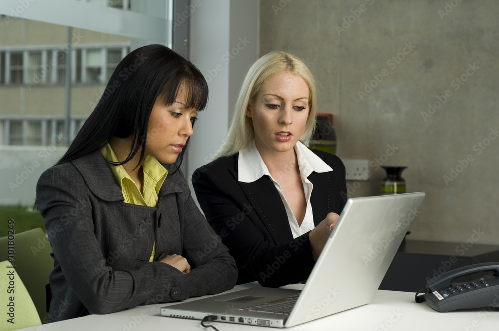 Business women working at a laptop computer Business women working at a laptop computer