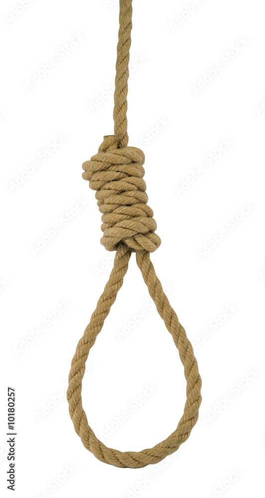 Hanging noose of rope isolated on white. Stock Photo