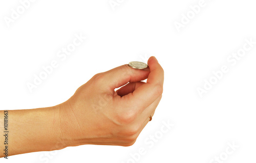 a womanish hand holds a coins on a palm