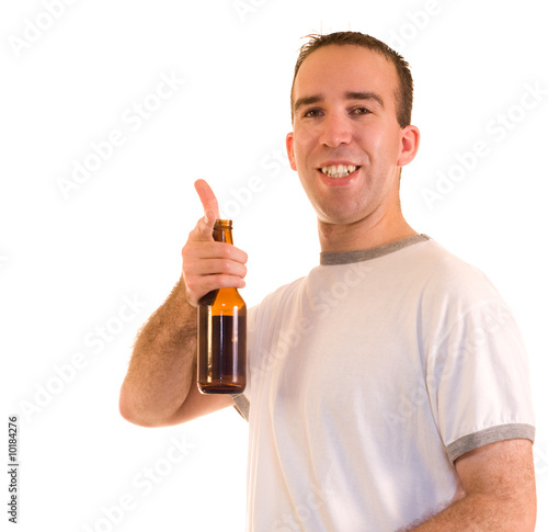 A happy man driniking a bottle of beer