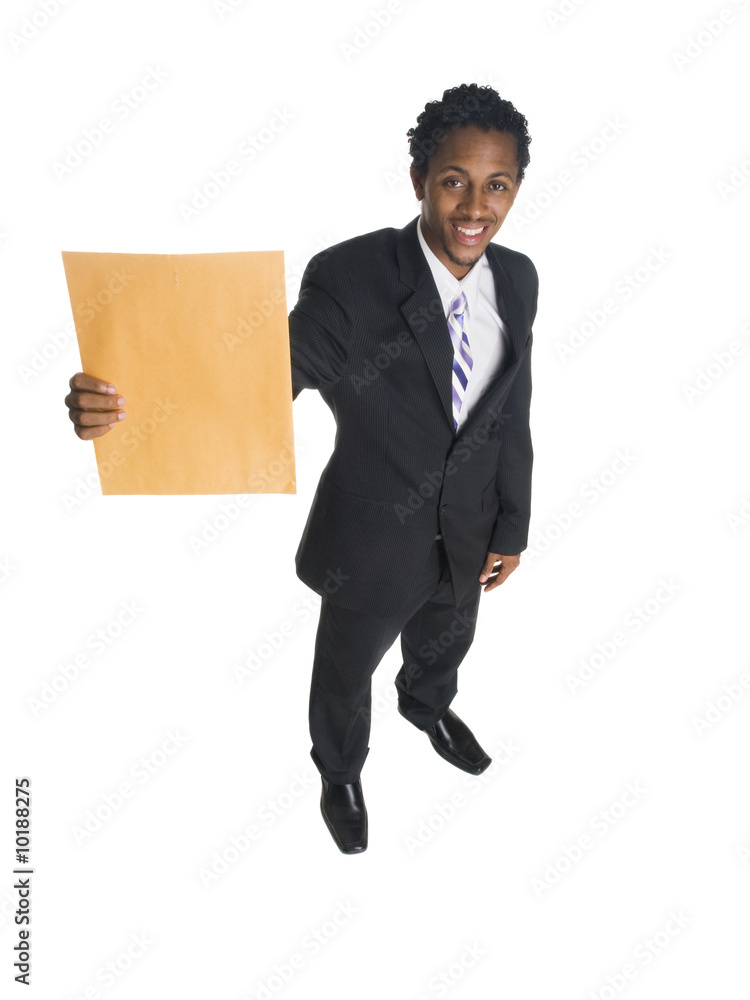 businessman holding up a business letter. businessman holding up a business letter.