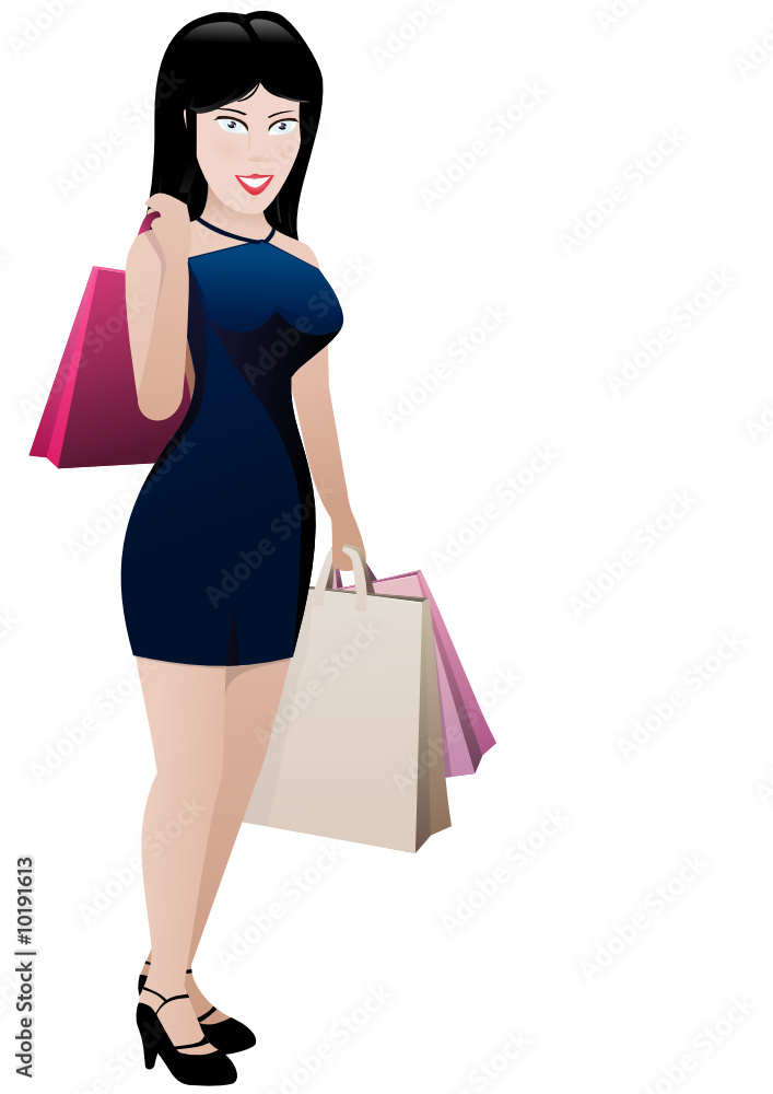 Fille en robe bleu et ses sacs de shopping (détouré)