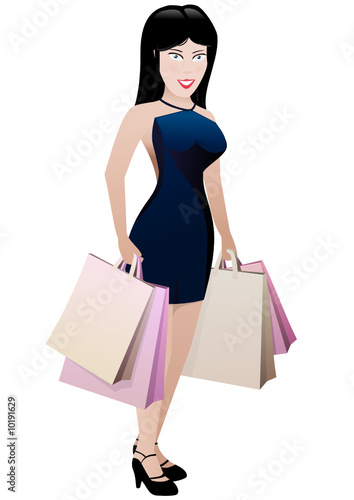 Fille en robe bleu et ses sacs de shopping (détouré)
