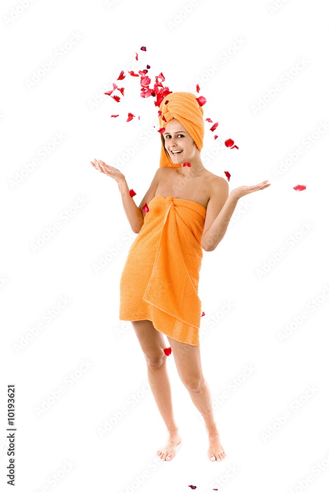 Happy Woman with flower petals on white .