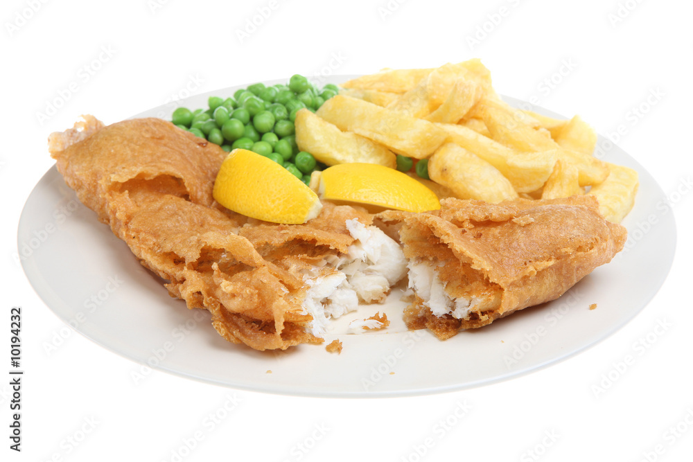 Battered deep-fried cod with chips and peas Battered deep-fried cod with chips and peas