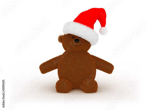 3d illustration of old toy bear in red Santa`s hat