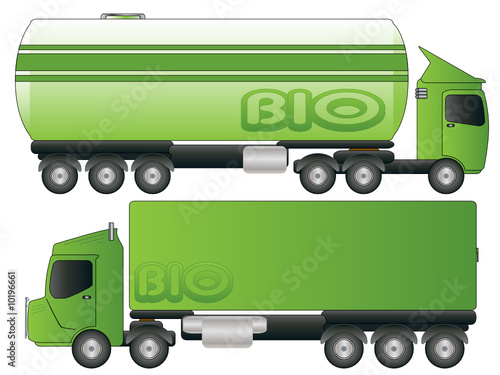 Two Green Biofuel Truck Transport Vector Drawing