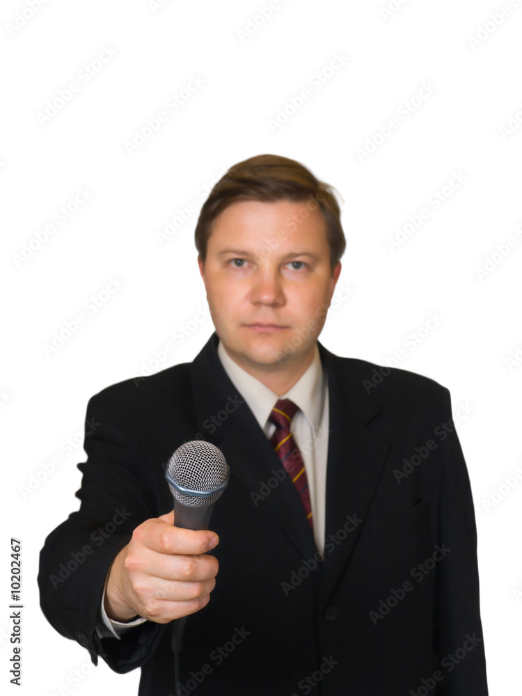 Journalist with microphone isolated on white background Journalist with microphone isolated on white background