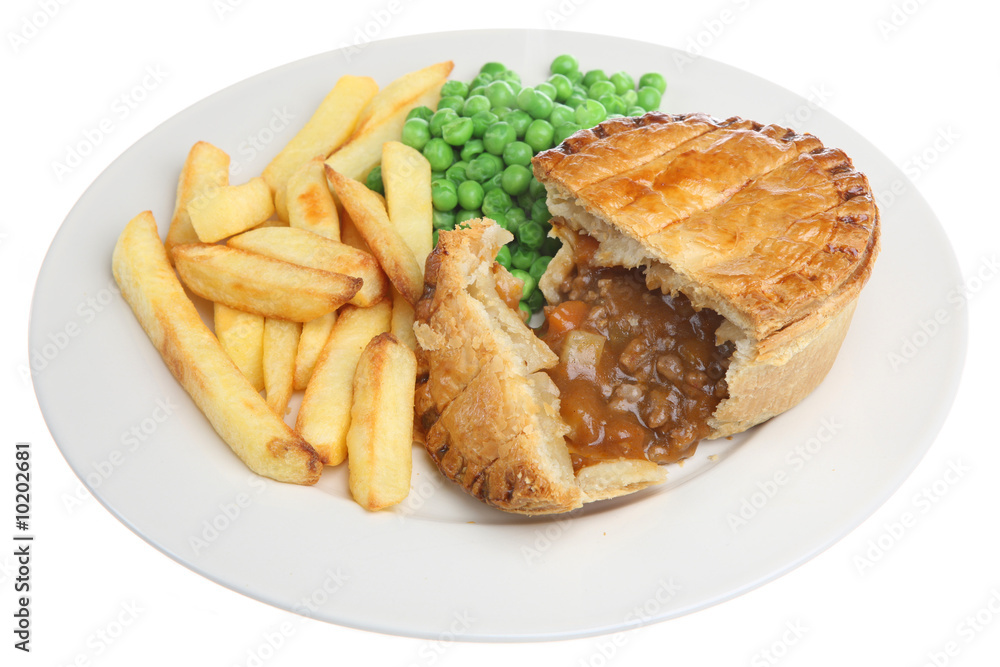 Beef and vegetable pie with chips and peas Beef and vegetable pie with chips and peas