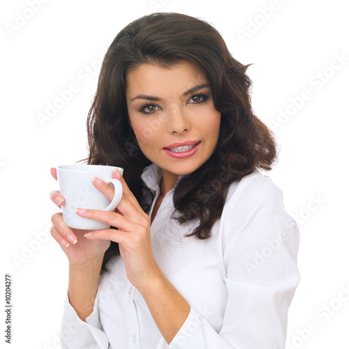 Portrait of beautiful business woman holding coffee cup