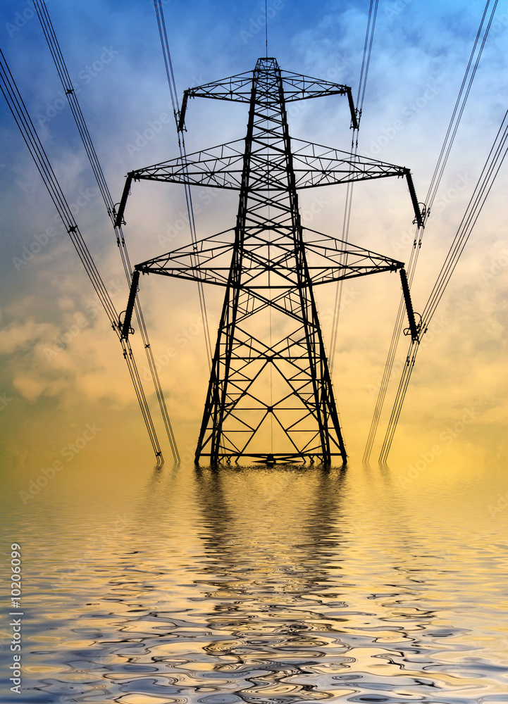 Silhouette of electricity pylon with flood water effect