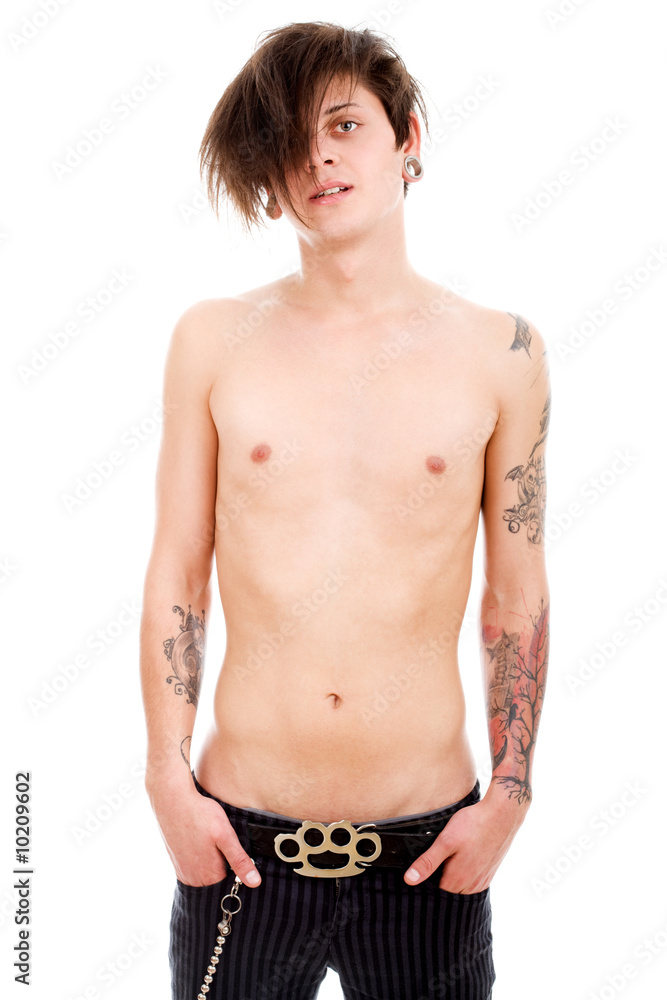 Foto Stock Emo boy with bare torso on isolated white | Adobe Stock
