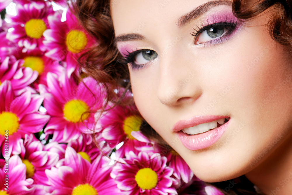 Beutiful girl portrait with pink flowers Beutiful girl portrait with pink flowers