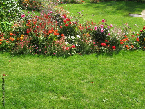 Jardin public parisien avec pelouse fleurie.
