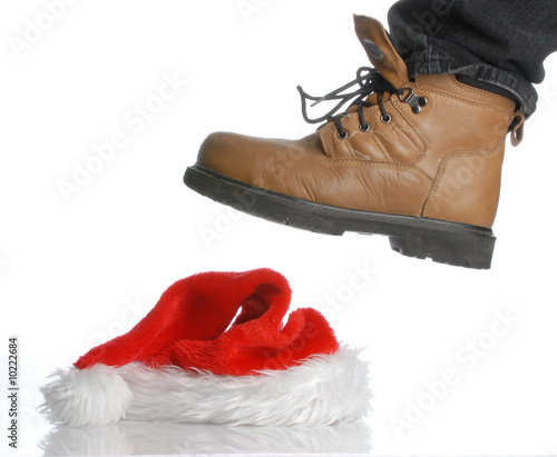 Billede på lærred workboot stomping on santa hat - hard times at christmas