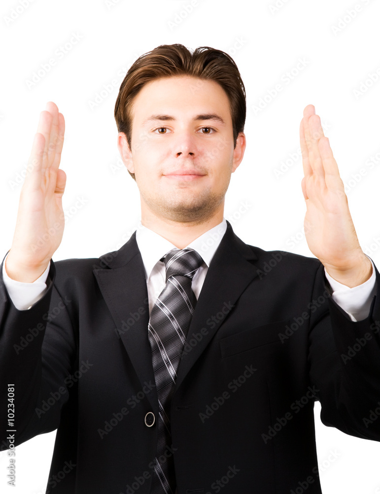 Young businessman showing big size. Isolated on white. Young businessman showing big size. Isolated on white.