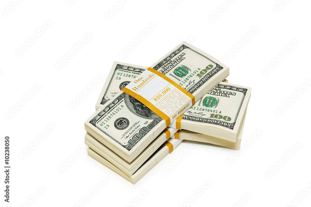 Ten thousand dollar stacks on the white Ten thousand dollar stacks on the white