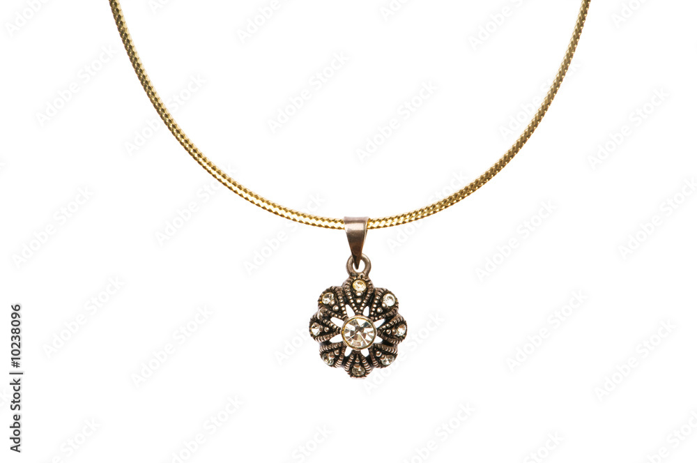 Pendant on golden chain isolated on the white.