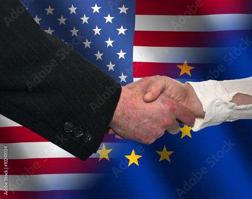 handshake over American and EU flags illustration