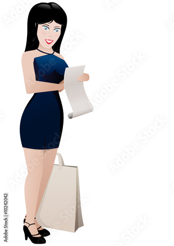 Fille en robe bleu tenant une liste de course (détouré)