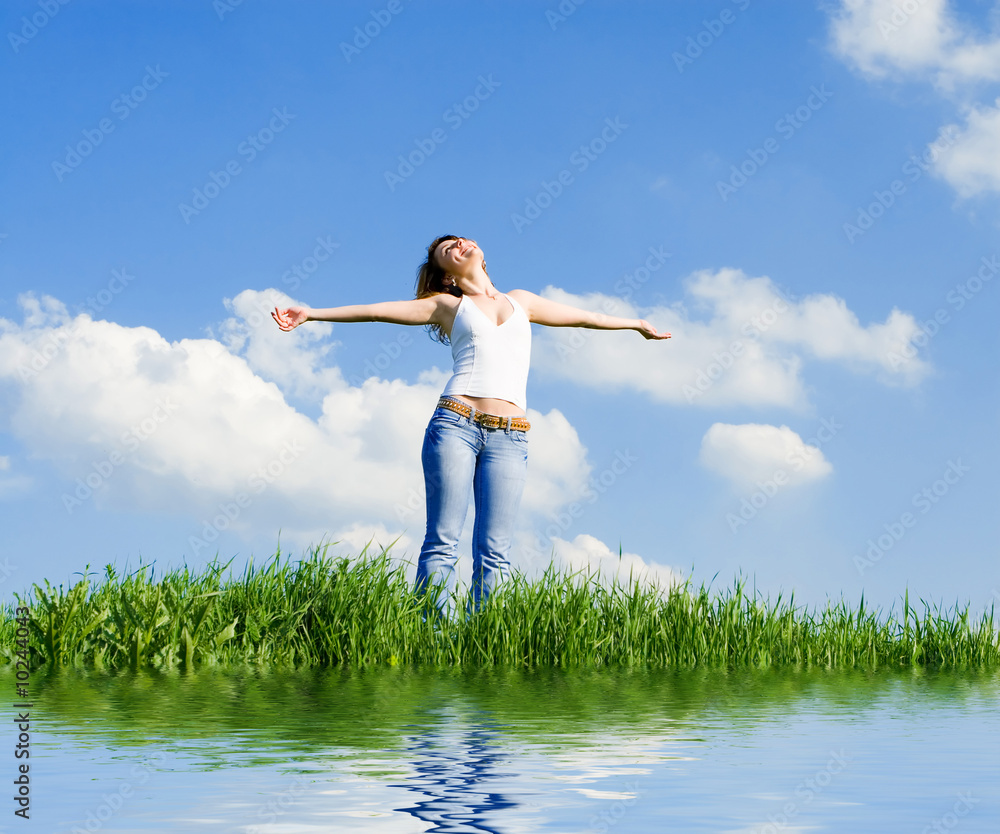 happy young woman dreams to fly on winds happy young woman dreams to fly on winds