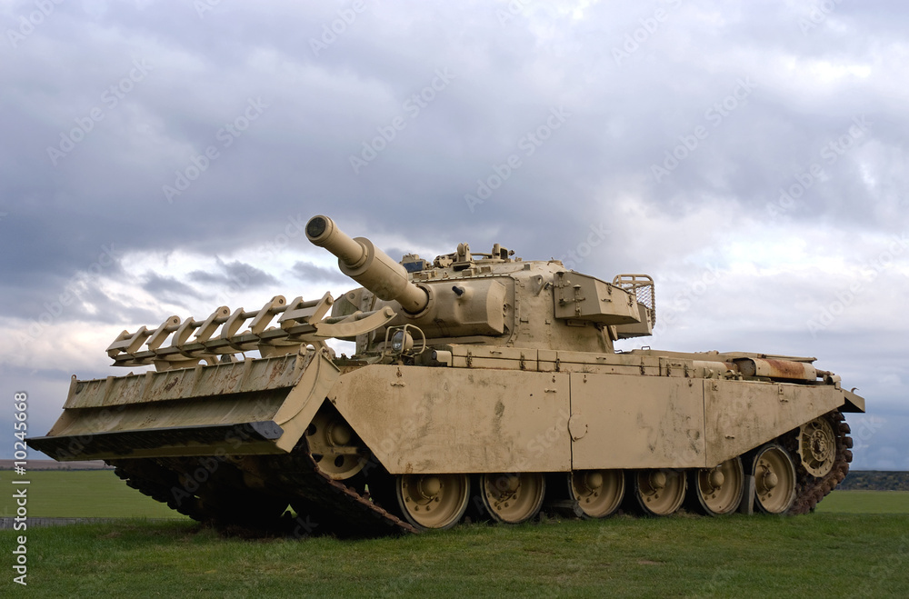 A tank against a stormy sky