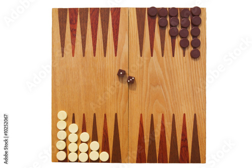 backgammon board with dice and checkers