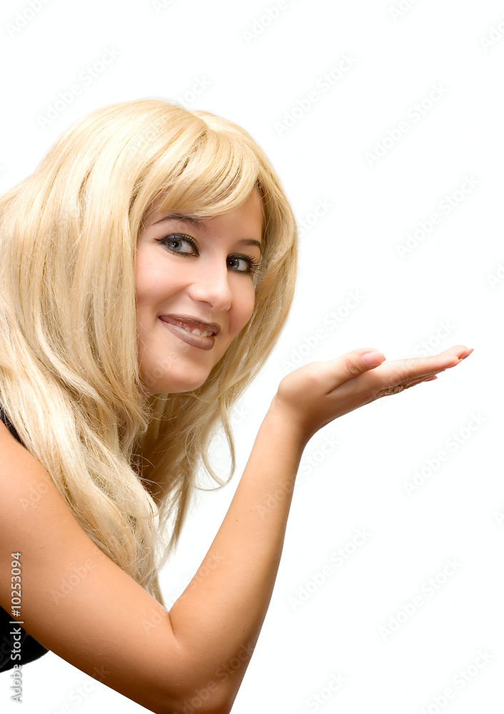 Pretty girl show empty hand isolated on white Pretty girl show empty hand isolated on white